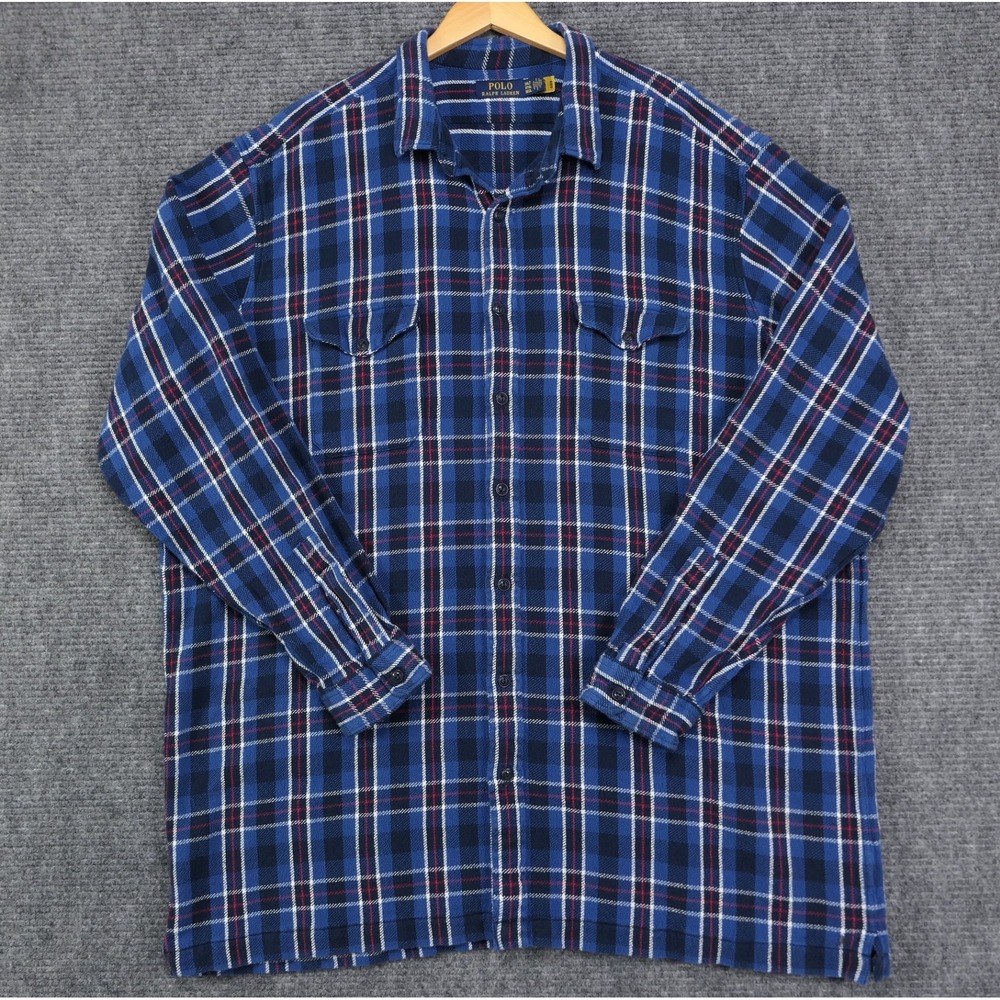 Polo Ralph Lauren Mens 3XLT Blue Plaid Cotton Flannel Button Down Shirt Big Tall